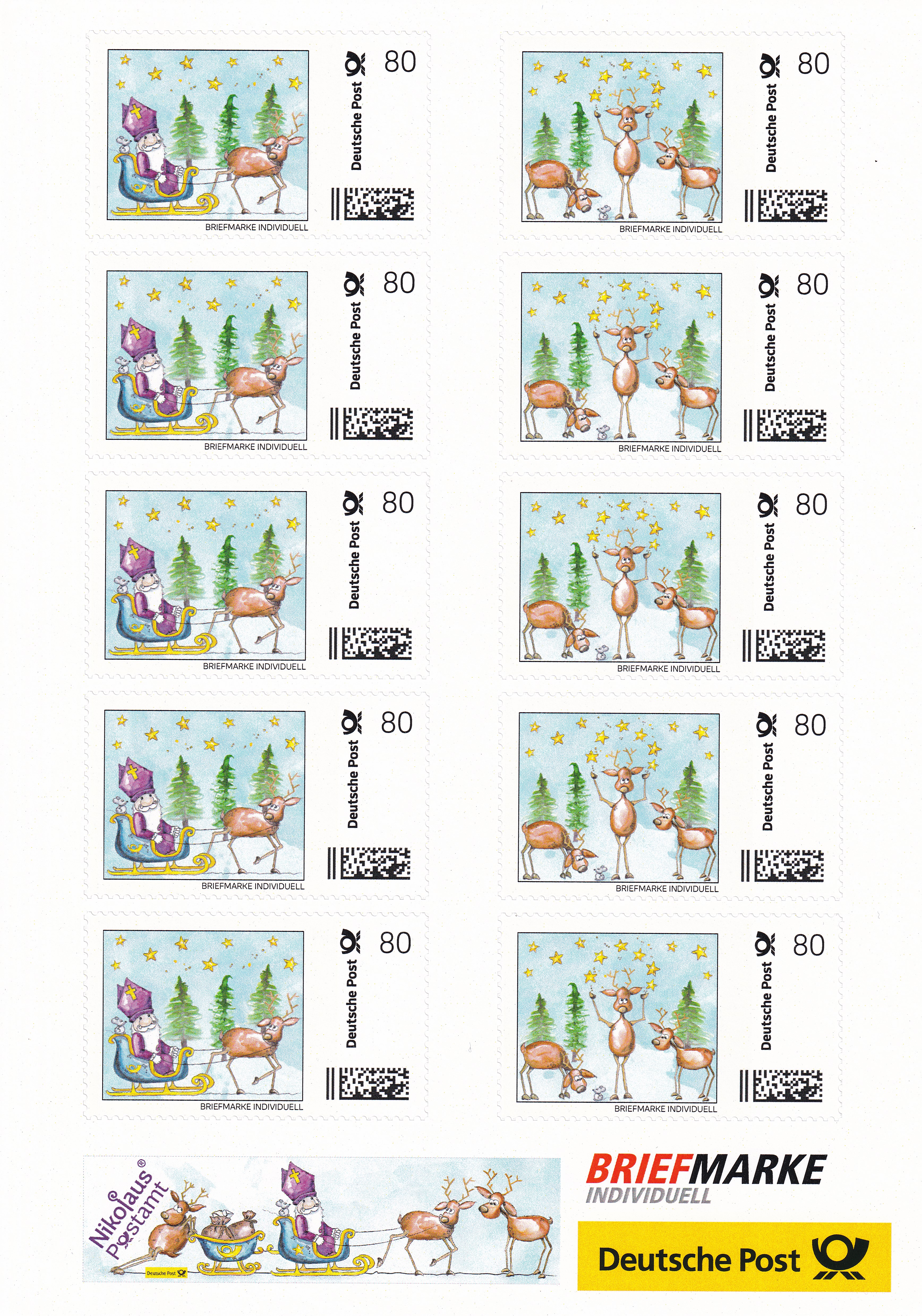 10 Nikolaus Briefmarken Individuell - Nikolausschlitten + Weihnachtsrehe - auf DIN A5 Schmuckbogen