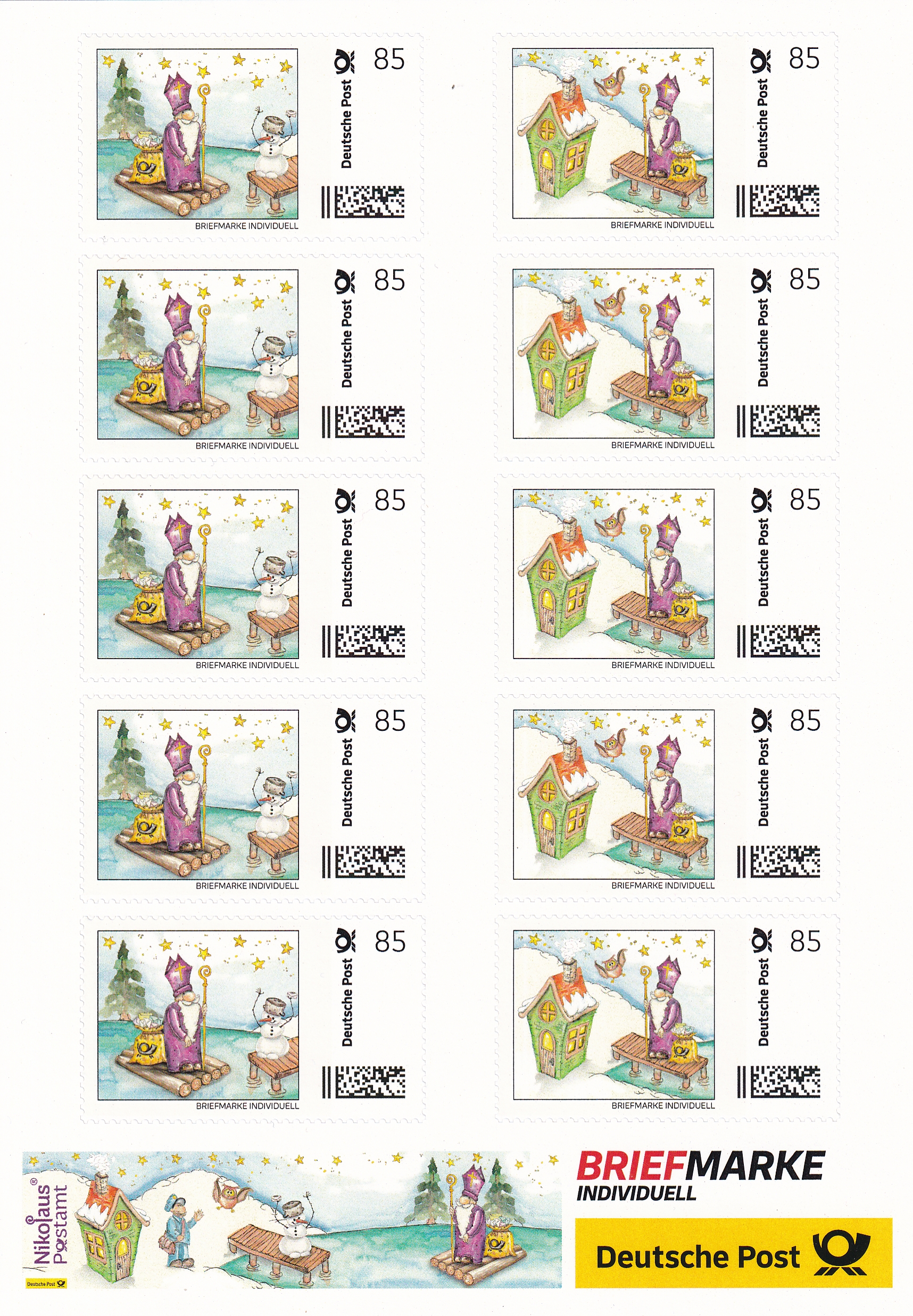 10 Nikolaus Briefmarken Individuell - Nikolausfloss + Nikolaushaus - auf DIN A5 Schmuckbogen