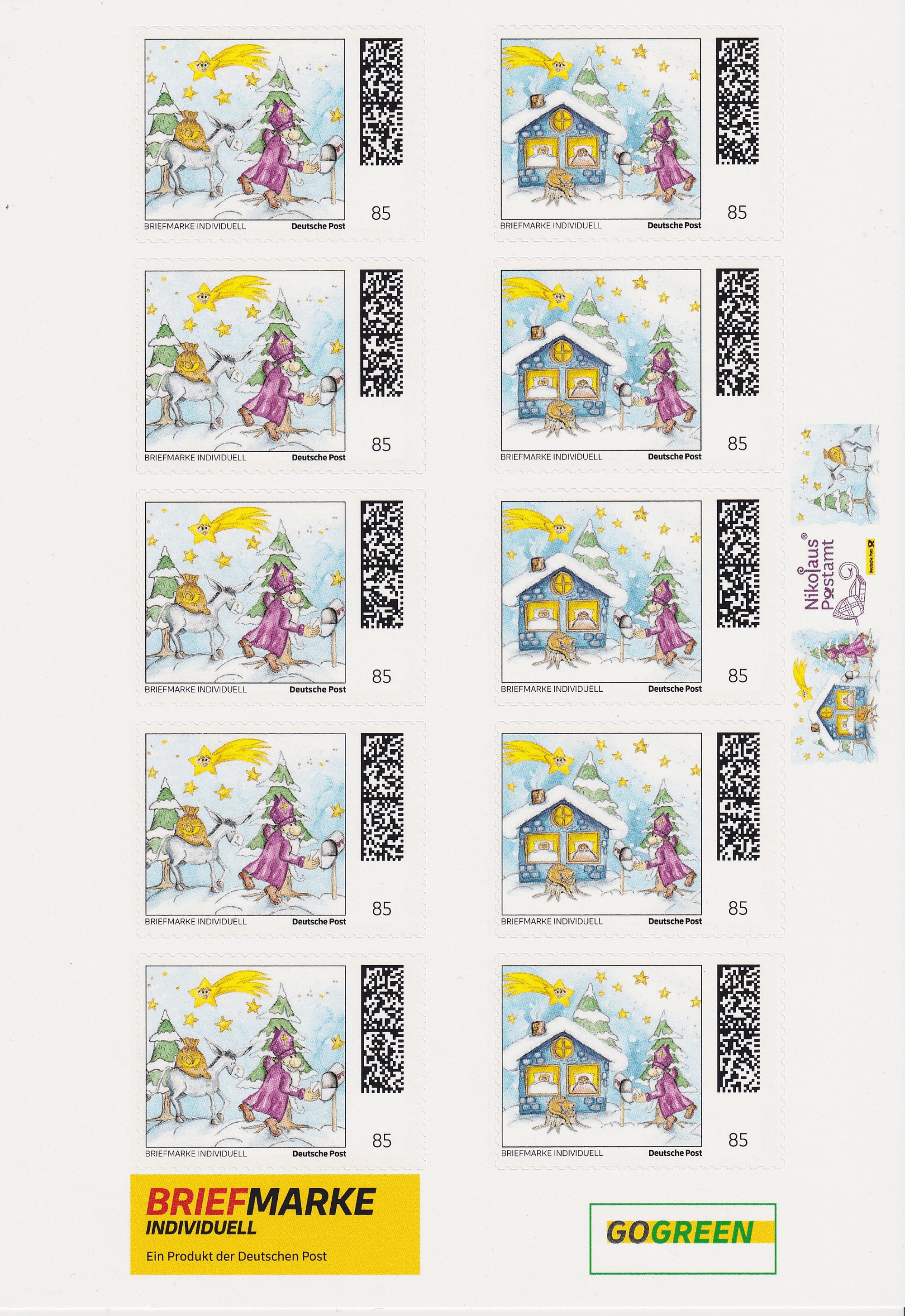 10 Nikolaus Briefmarken Individuell - Nikolausesel + Kindertraum - auf DIN A5 Schmuckbogen