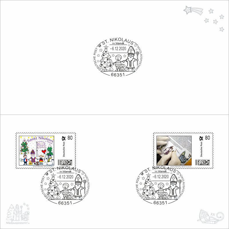Nikolaus-Klappkarte mit Kuvert - Nikolaus - mit 5 passenden Briefmarken / Briefmarken Individuell und 2 echten Nikolaus Sonderstempel