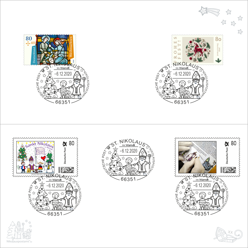 Nikolaus-Klappkarte mit Kuvert - Weihnachten 1 - mit 4 passenden Briefmarken / Briefmarken Individuell und 5 echten Nikolaus Sonderstempel