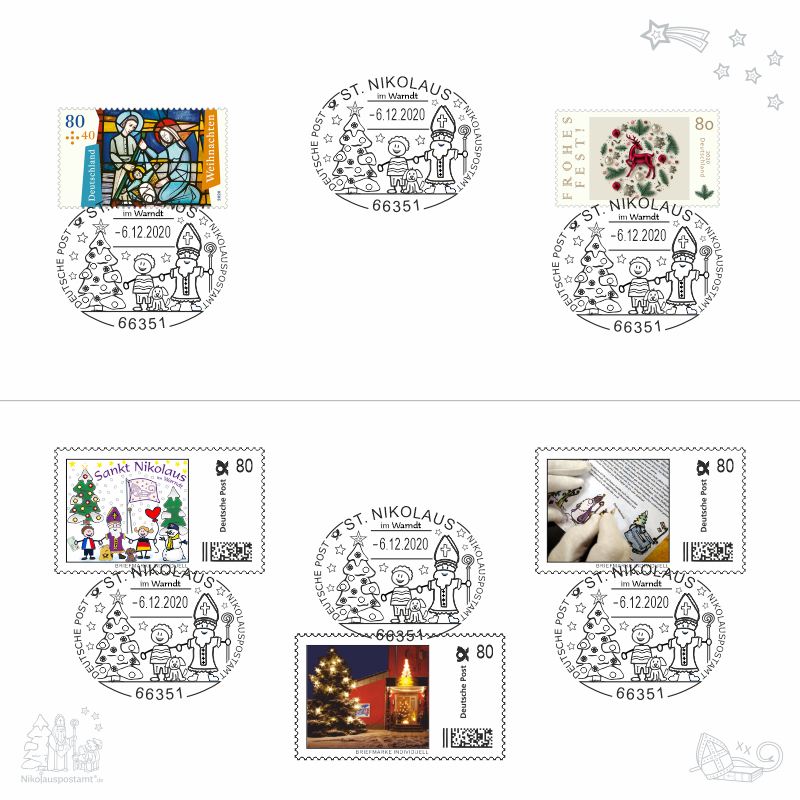 Nikolaus-Klappkarte mit Kuvert - Weihnachten 2 - mit 5 passenden Briefmarken / Briefmarken Individuell und 6 echten Nikolaus Sonderstempel