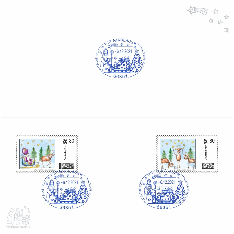Nikolaus-Klappkarte mit Kuvert - Nikolaus - mit 2 passenden Briefmarken / Briefmarken Individuell und 3 echten Nikolaus Sonderstempel