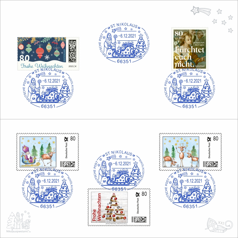 Nikolaus-Klappkarte mit Kuvert - Weihnachten 3 - mit 5 passenden Briefmarken / Briefmarken Individuell und 6 echten Nikolaus Sonderstempel