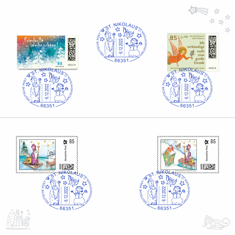 Nikolaus-Klappkarte mit Kuvert - Weihnachten - mit 4 passenden Briefmarken / Briefmarken Individuell und 5 echten Nikolaus Sonderstempel