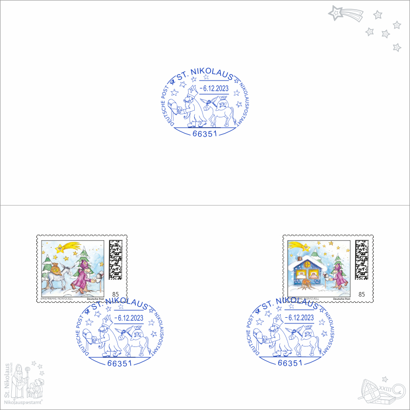 Nikolaus-Klappkarte mit Kuvert - Nikolaus - mit 2 passenden Briefmarken / Briefmarken Individuell und 3 echten Nikolaus Sonderstempel
