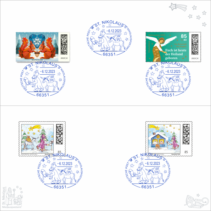 Nikolaus-Klappkarte mit Kuvert - Weihnachten - mit 4 passenden Briefmarken / Briefmarken Individuell und 5 echten Nikolaus Sonderstempel