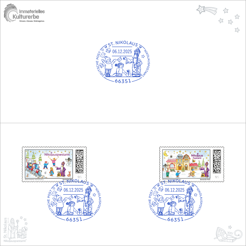 Nikolaus-Klappkarte mit Kuvert - Nikolaus - mit 2 passenden Briefmarken / Briefmarken Individuell und 3 echten Nikolaus Sonderstempel.