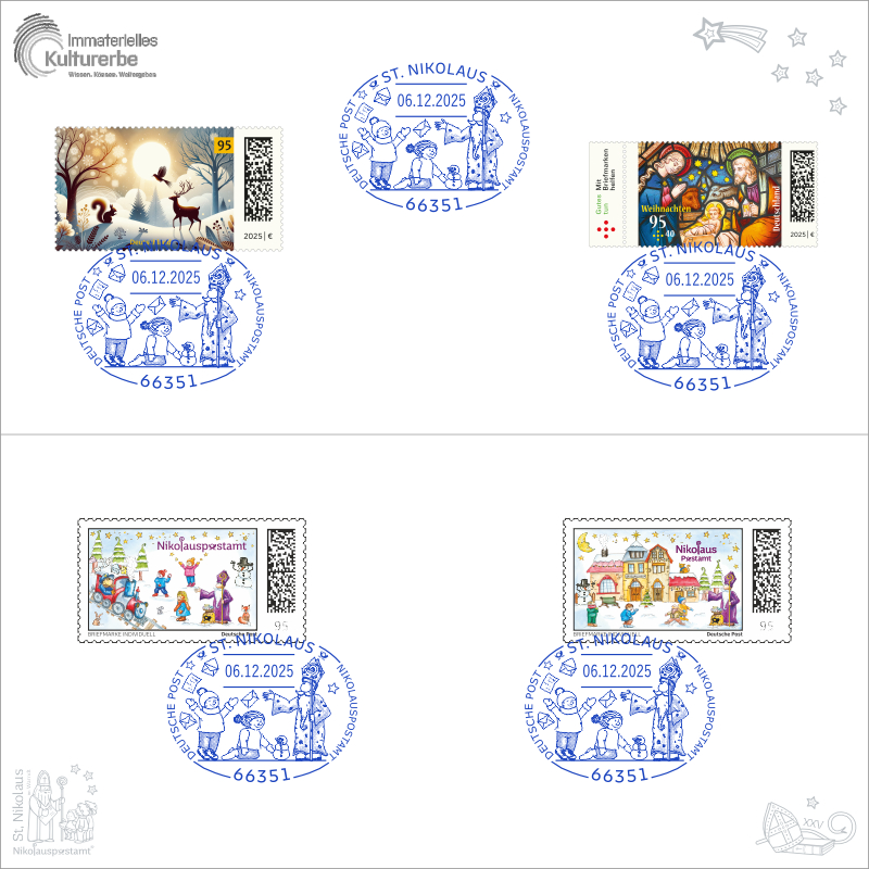 Nikolaus-Klappkarte mit Kuvert - Weihnachten - mit 4 passenden Briefmarken / Briefmarken Individuell und 5 echten Nikolaus Sonderstempel
