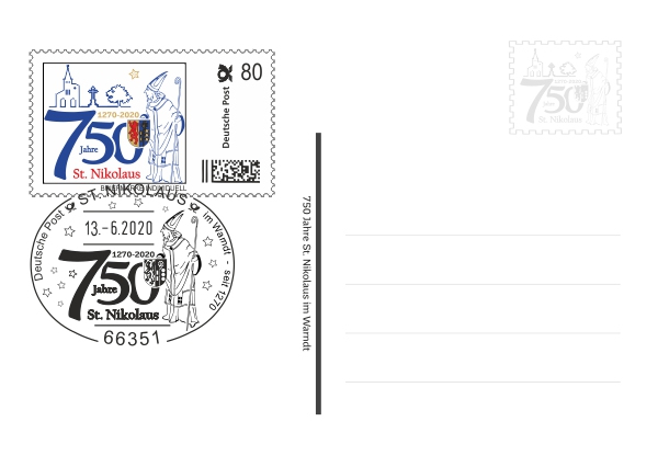 Postkarte - 750 Jahre St. Nikolaus mit passender Briefmarke Individuell und echtem Nikolaus-Sonderstempel