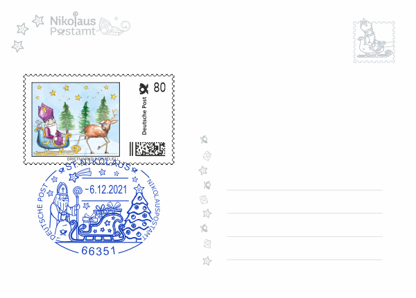 Postkarte - Nikolausschlitten mit passender Briefmarke Individuell und echtem Nikolaus-Sonderstempel