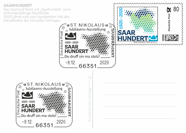 Postkarte - Saarhundert mit passender Briefmarke Individuell und 2 echten Nikolaus-Sonderstempel