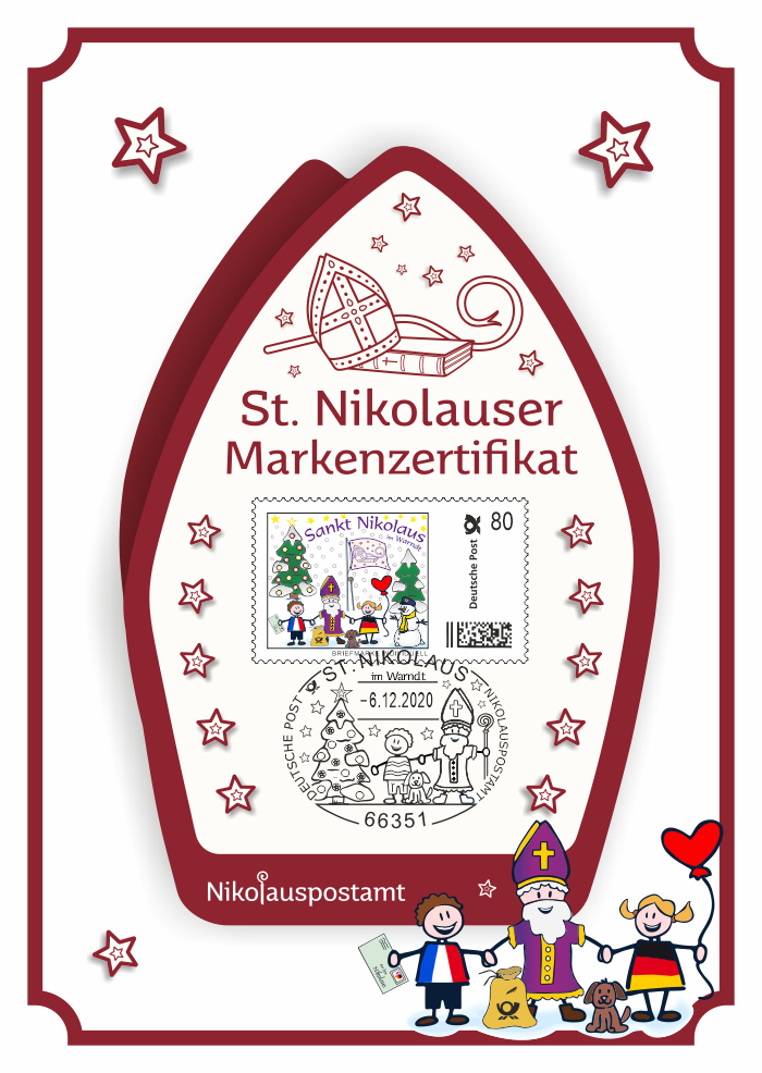 Nikolaus-Schmuckkarte - 2020 - Rückseite mit passender Briefmarke Individuell und echtem Nikolaus Sonderstempel