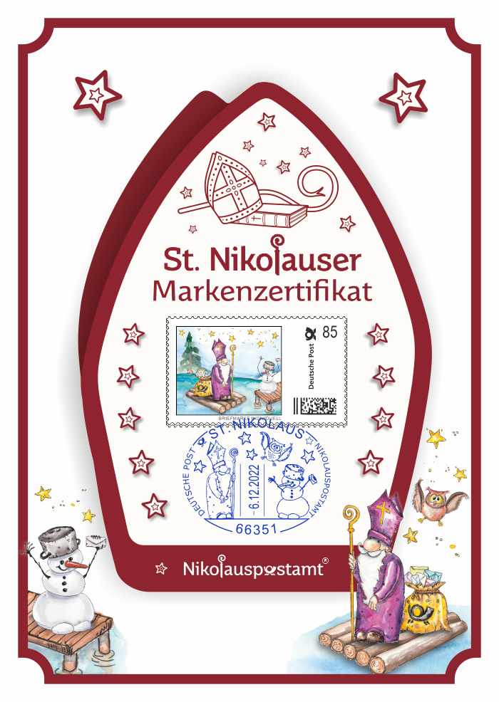 Nikolaus-Schmuckkarte - 2022 - Rückseite mit passender Briefmarke Individuell und echtem Nikolaus Sonderstempel