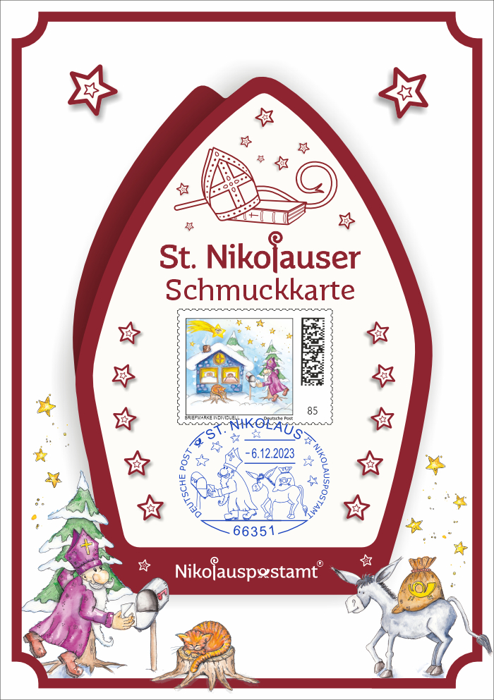 Nikolaus-Schmuckkarte - 2023 - Rückseite mit passender Briefmarke Individuell und echtem Nikolaus Sonderstempel