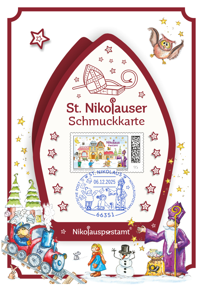 Nikolaus-Schmuckkarte - 2025 - Rückseite mit passender Briefmarke Individuell und echtem Nikolaus Sonderstempel