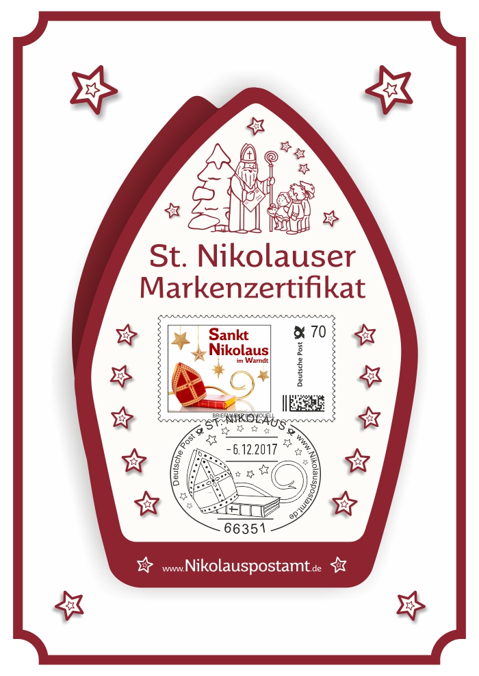 Nikolaus-Schmuckkarte - 2017 - Rückseite mit passender Briefmarke Individuell und echtem Nikolaus Sonderstempel
