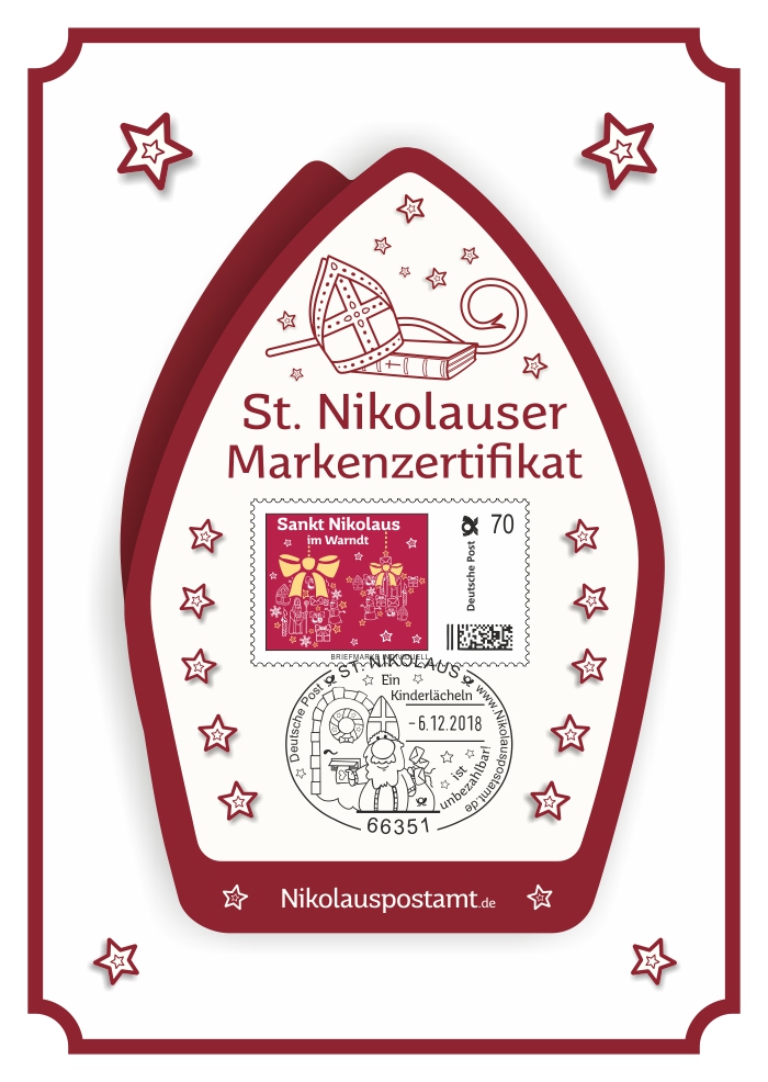 Nikolaus-Schmuckkarte - 2018 - Rückseite mit passender Briefmarke Individuell und echtem Nikolaus Sonderstempel