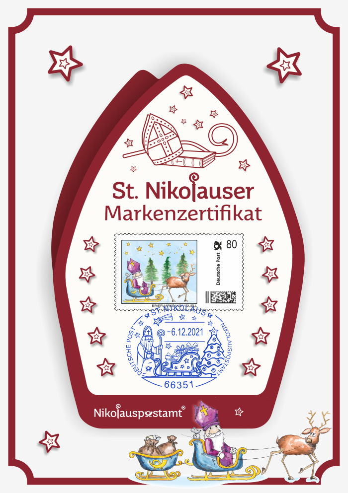 Nikolaus-Schmuckkarte - 2021 - Rückseite mit passender Briefmarke Individuell und echtem Nikolaus Sonderstempel