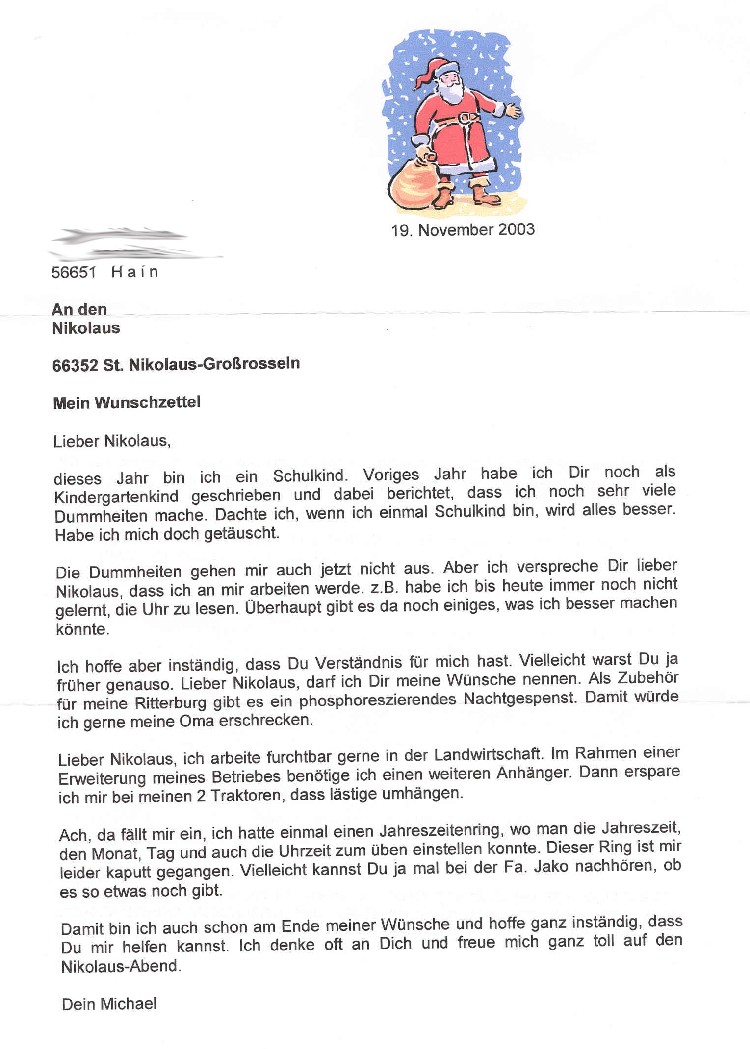 Kinderbrief an den Nikolaus aus St. Nikolaus