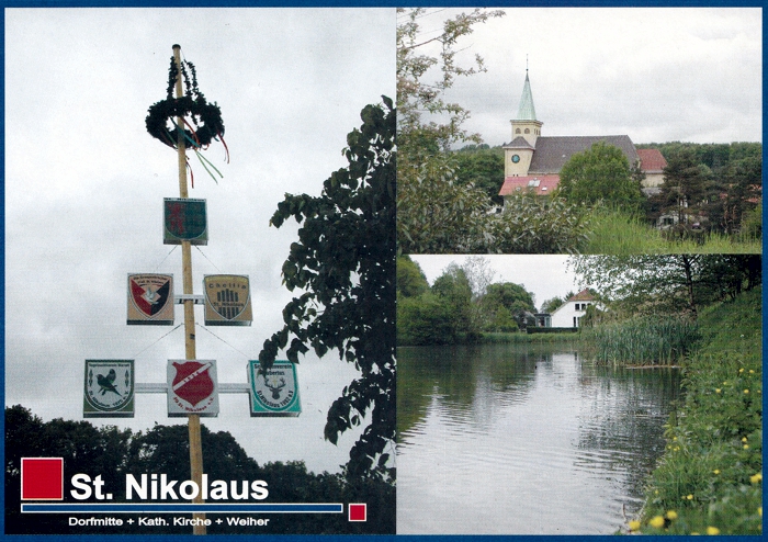 Post Ansichtskarte mit Maibaum, Blick auf die Kirche und den Nikolausweiher. - 2002 - Hans Werner Franzen