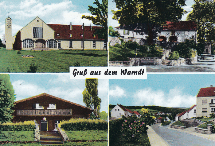 Post Ansichtskarte mit Blockhaus am Nikolausweiher und Blick in die Merlebacher Strasse