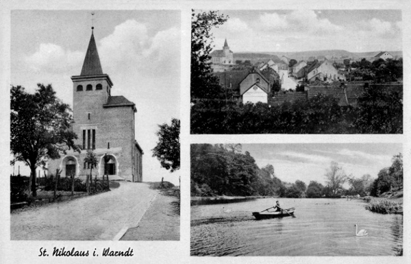 Post Ansichtskarte mit Blick über den Ort, Kirche und Weiher.