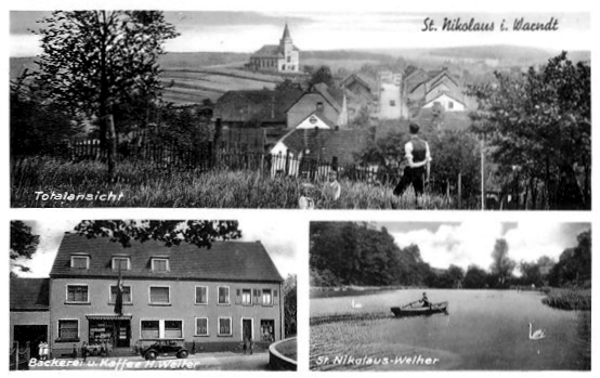 Post Ansichtskarte mit Blick über den Ort, Bäckerei Weiter und Weiher. Um 1934