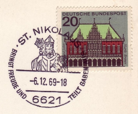 Der Nikolaus-Sonderstempel auf Weihnachtsmarke 1969