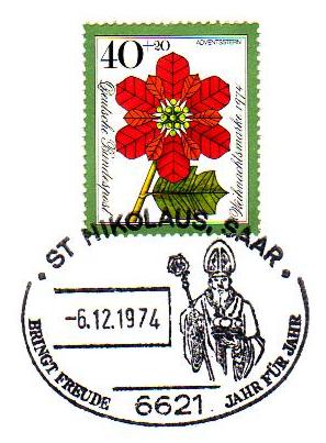 Der Nikolaus-Sonderstempel auf Weihnachtsmarke 1974