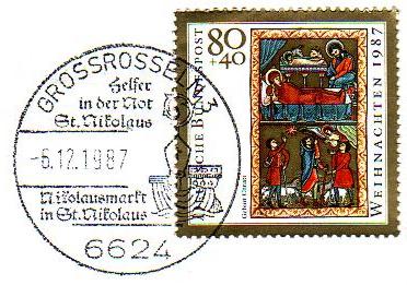 Der Nikolaus-Sonderstempel auf Weihnachtsmarke 1987