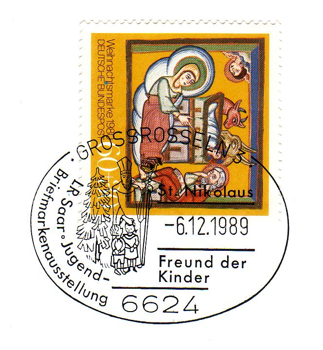 Der Nikolaus-Sonderstempel auf Weihnachtsmarke 1989