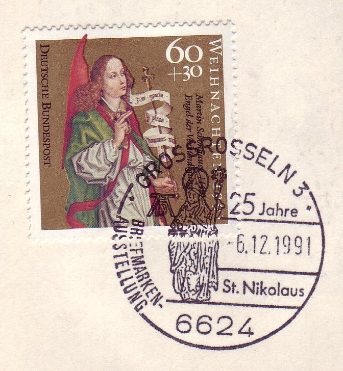 Der Nikolaus-Sonderstempel auf Weihnachtsmarke 1991