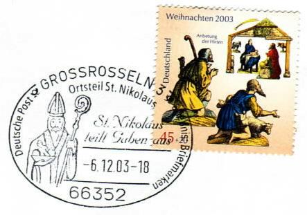 Der Nikolaus-Sonderstempel auf Weihnachtsmarke 2003