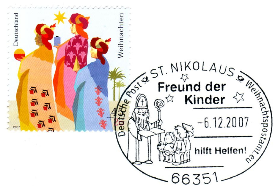 Der Nikolaus-Sonderstempel auf Weihnachtsmarke 2007