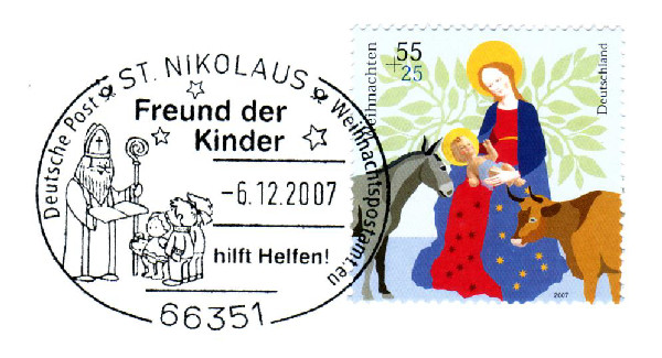 Der Nikolaus-Sonderstempel auf Weihnachtsmarke 2007