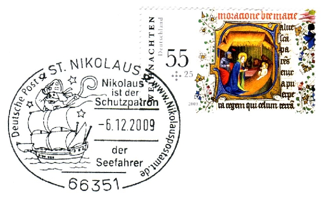 Der Nikolaus-Sonderstempel auf Weihnachtsmarke 2009