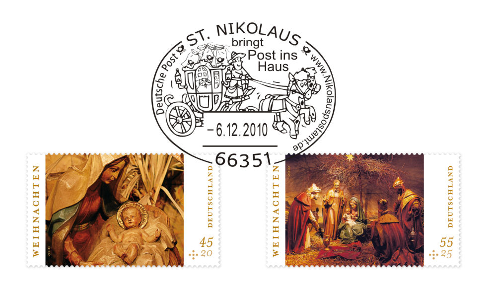 Der Nikolaus-Sonderstempel auf Weihnachtsmarken 2010
