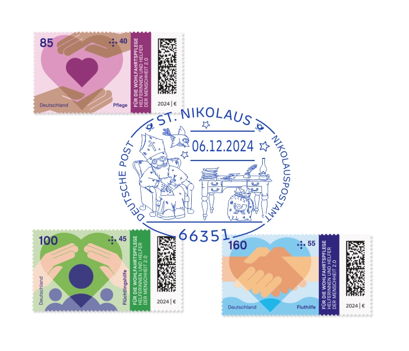 Der Nikolaus Sonderstempel auf den 3 Wohlfahrtsmarken 2024