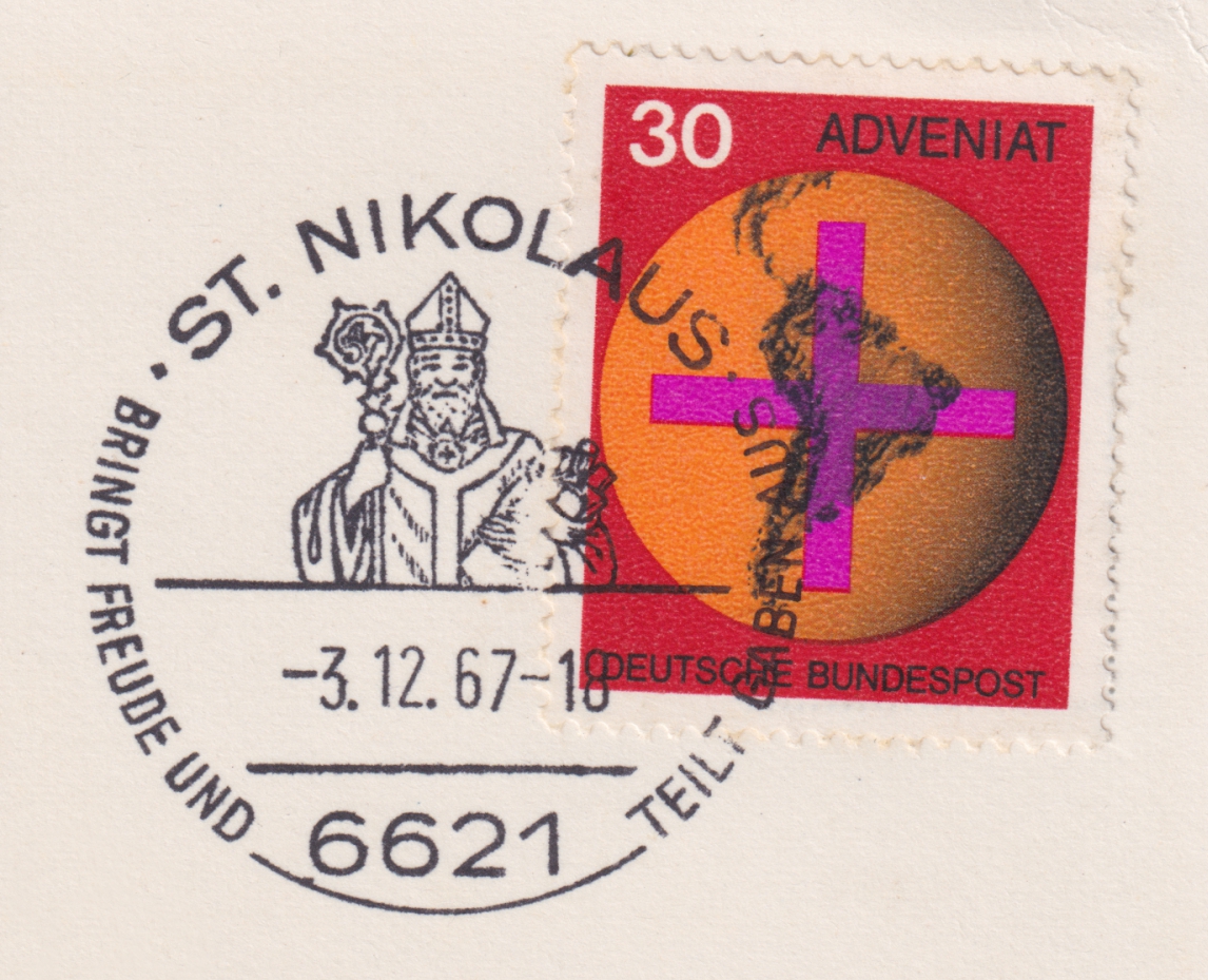 3.12.1967 - Erster Nikolaus-Sonderstempel Deutschlands auf Adveniatmarke