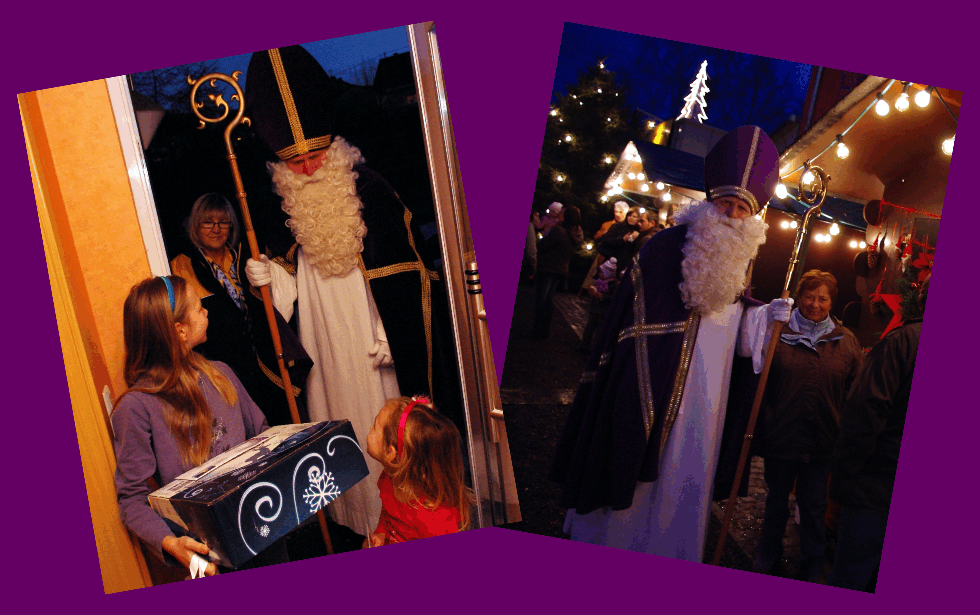 Der Nikolaus teilt Gaben aus.